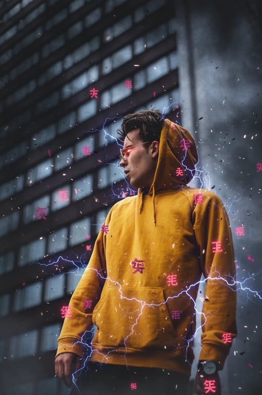 a portrait of a person in a "Menacing" scene, with Kanji symbols floating around and a confrontational, charged atmosphere