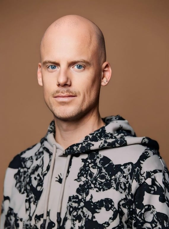 AI bald filter after transformation - casual portrait with clean bald head