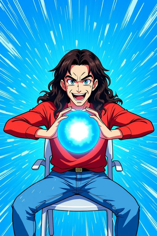 a portrait of a person in Dragon Ball style, charging a bright blue Kamehameha wave between their palms, with energy sparks flying