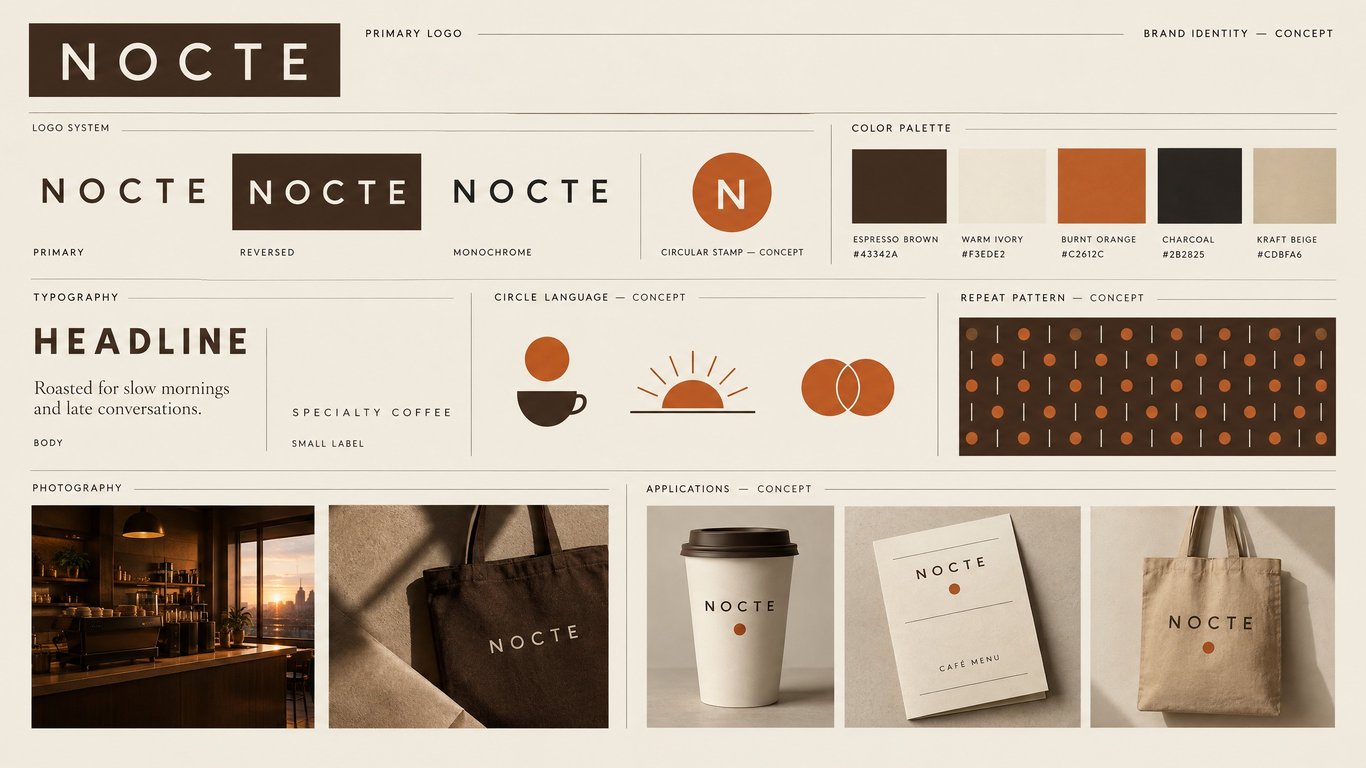 gallery item - 2 - Create a premium brand kit for NOCTE with espresso tones and bold typography.