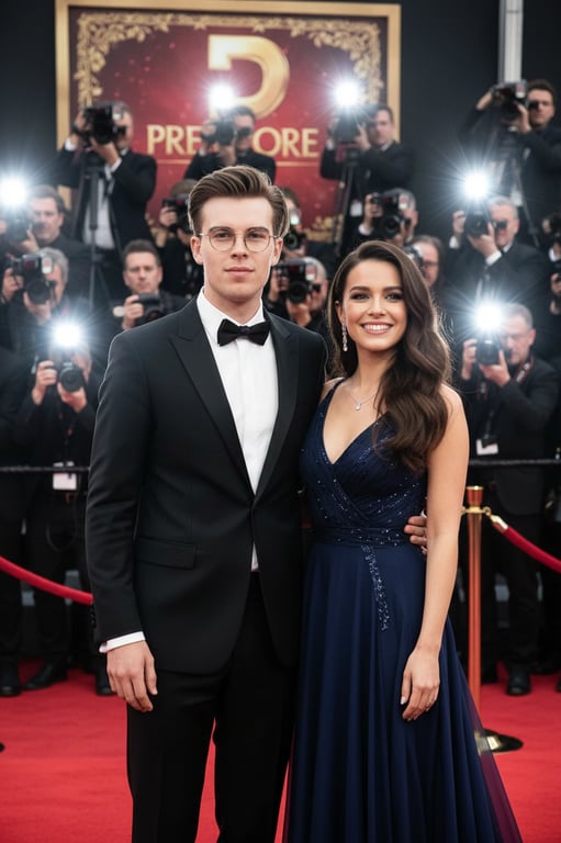 a portrait of a man at a premiere, celebrity beside him, camera flash highlights, elegant attire, paparazzi backdrop, festive atmosphere.