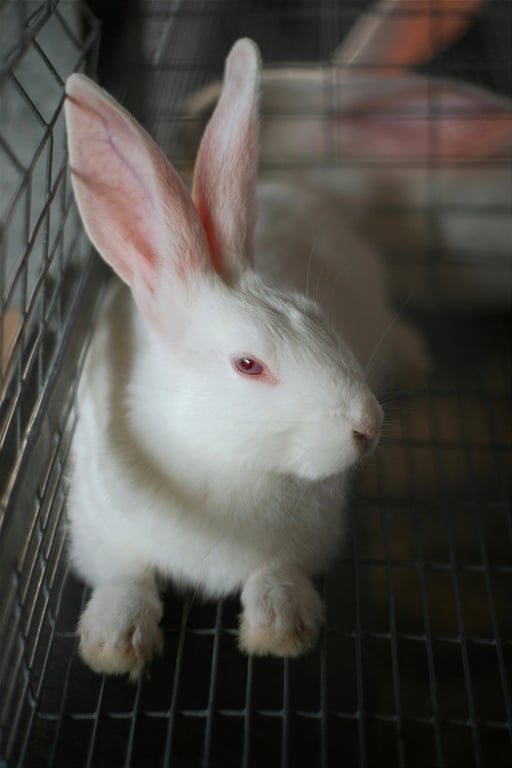 AI pet portrait generator free before pic - white rabbit sitting in cage