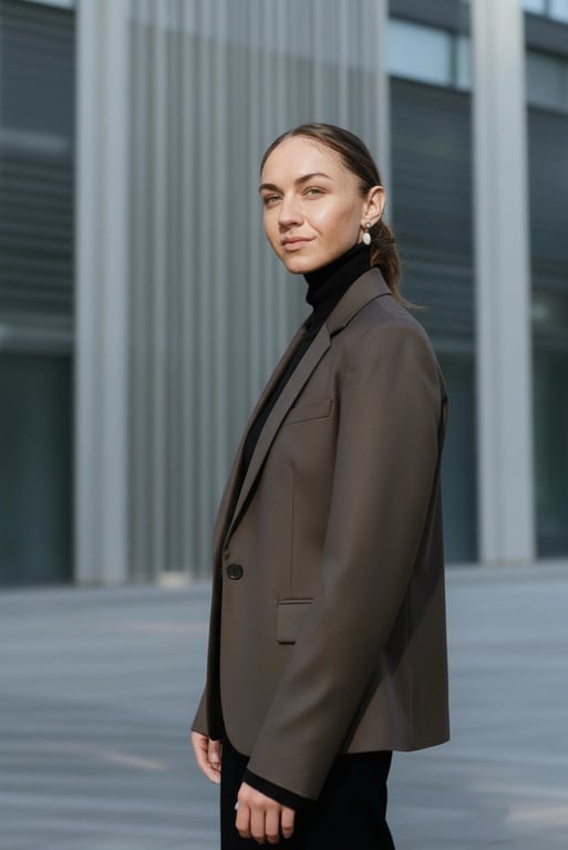 a portrait of a person styled in a minimalist fashion look with sharp tailoring, balanced proportions, smooth texture, understated details, composed standing pose, modern ambient lighting
