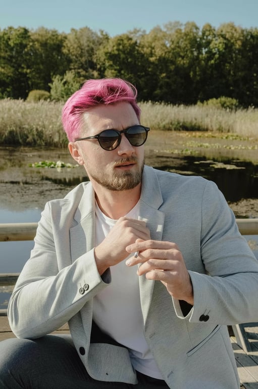 a portrait of a person styled with vivid pink hair, showing stronger saturation on mid-lengths, softer tone near roots, accurate hair volume, and realistic light reflection