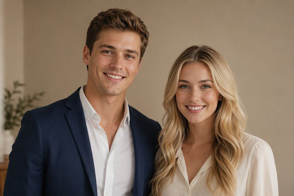 gallery item - 3 - Animate the couple in this photo with natural expressions and lip movements synchronized to this audio, preserving their facial identities.