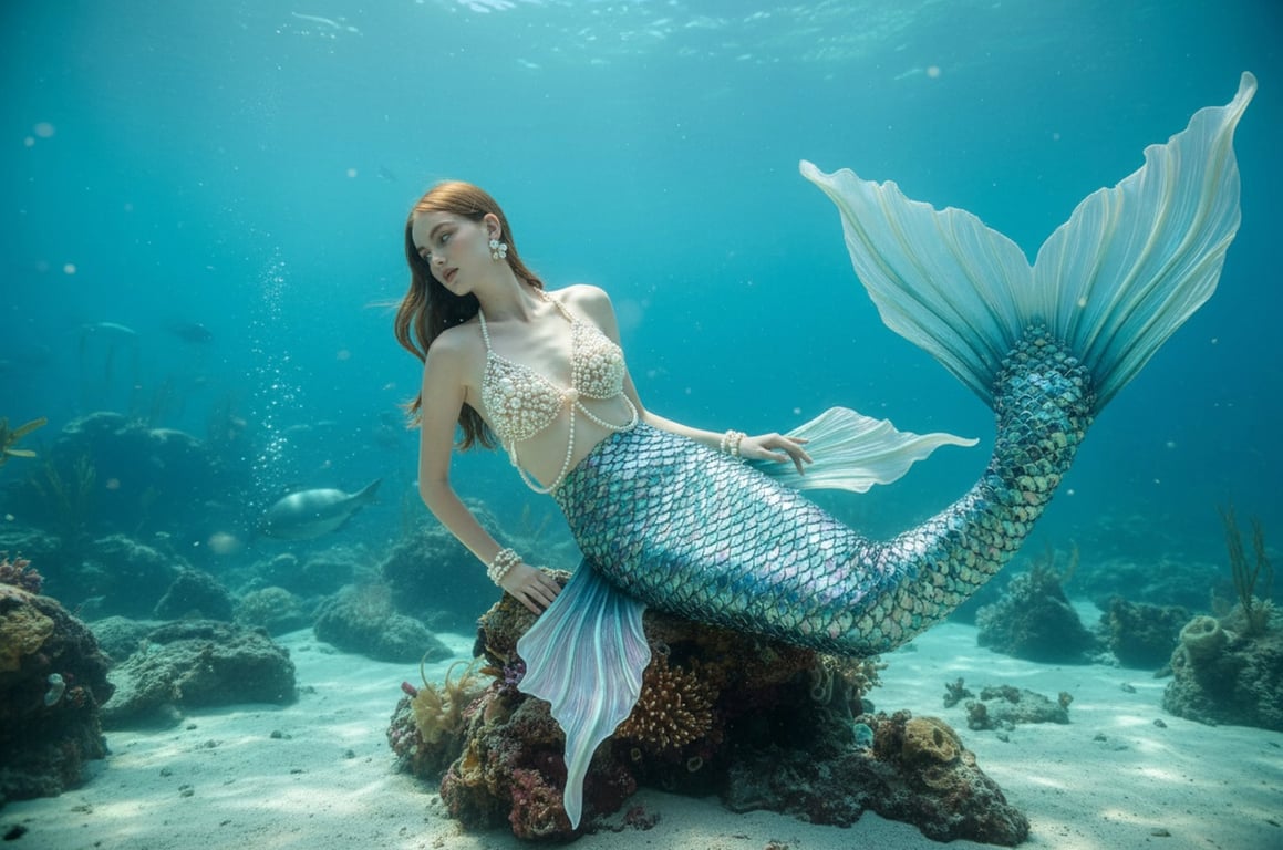 AI Mermaid filter after pic - elegant mermaid lying underwater with pearls