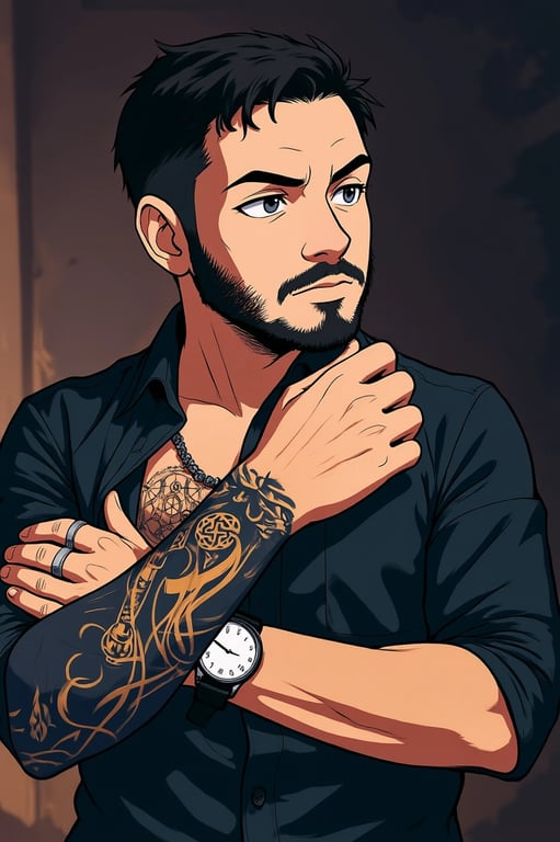 a portrait of a person rendered in a cinematic anime hero style, emphasizing dramatic light-shadow contrast, confident expression, anime costume design, and clean manga-inspired visuals