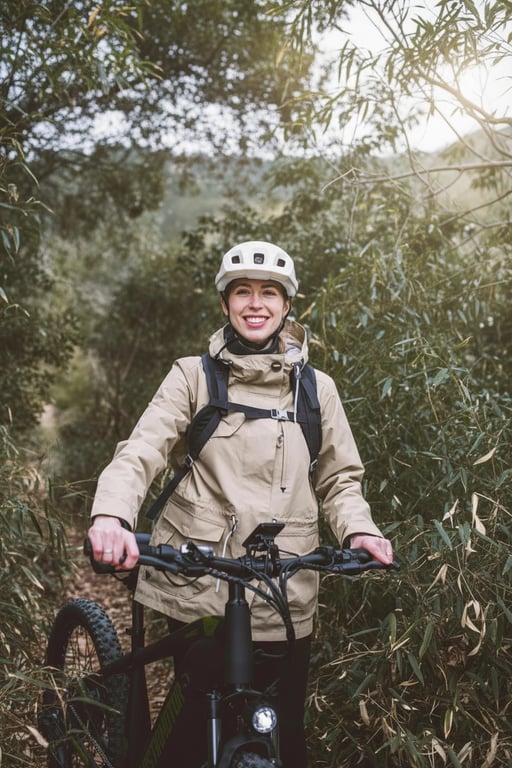 a portrait of a person engaged in an active hobby like hiking or cycling, captured candidly with natural sunlight and a genuine expression