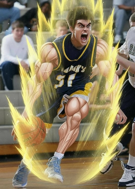 a portrait of a person in a classic Dragon Ball power-up scream, muscles bulging and surrounded by swirling, rising energy