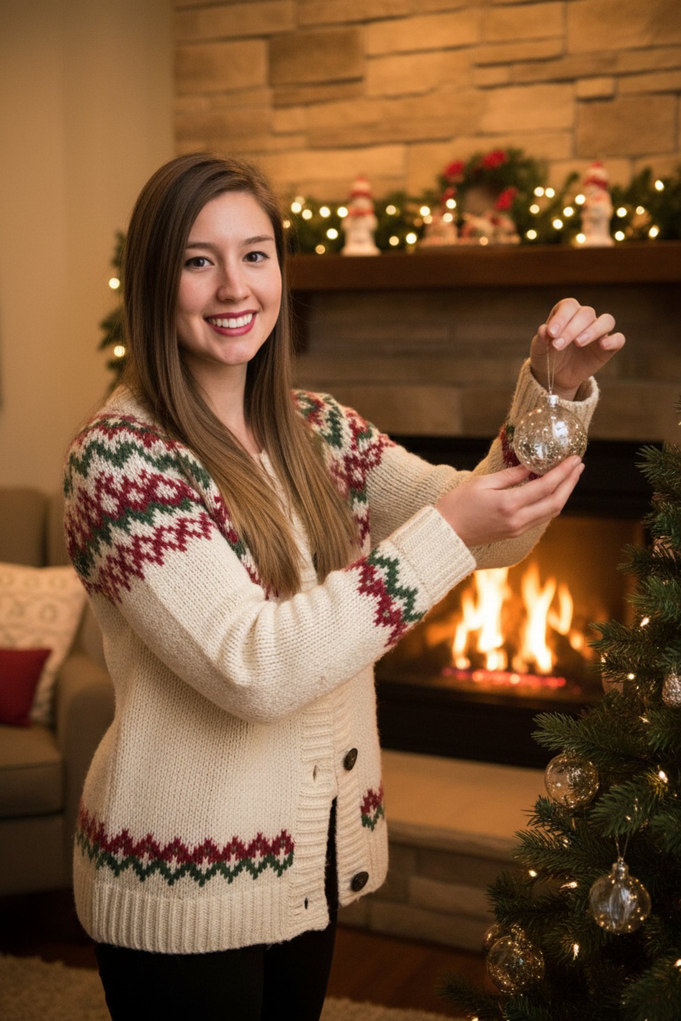 A woman decorating a Christmas tree in a festive knit sweater.