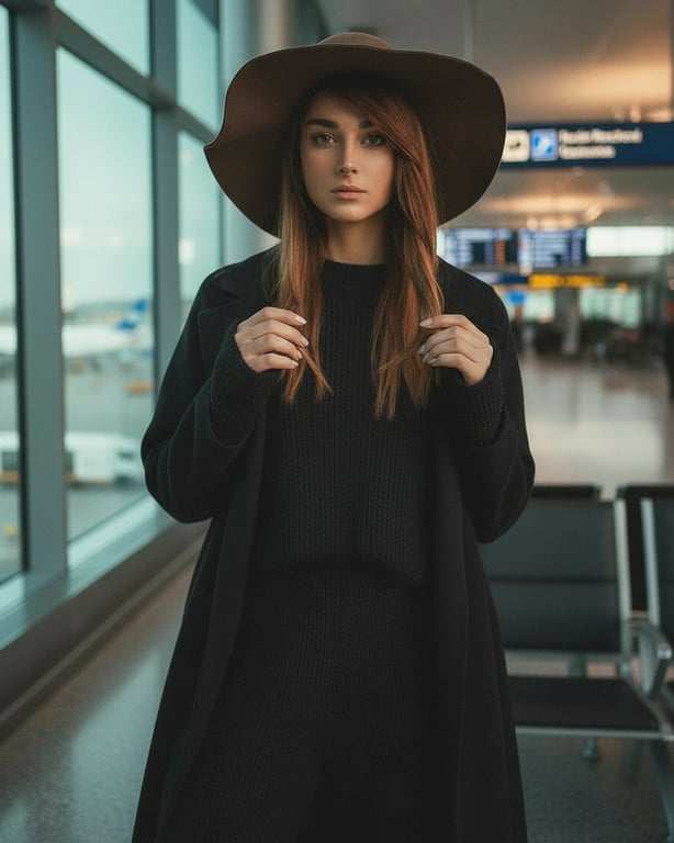 airport outfits filter after transformation - portrait wearing coordinated monochrome airport outfit with long coat