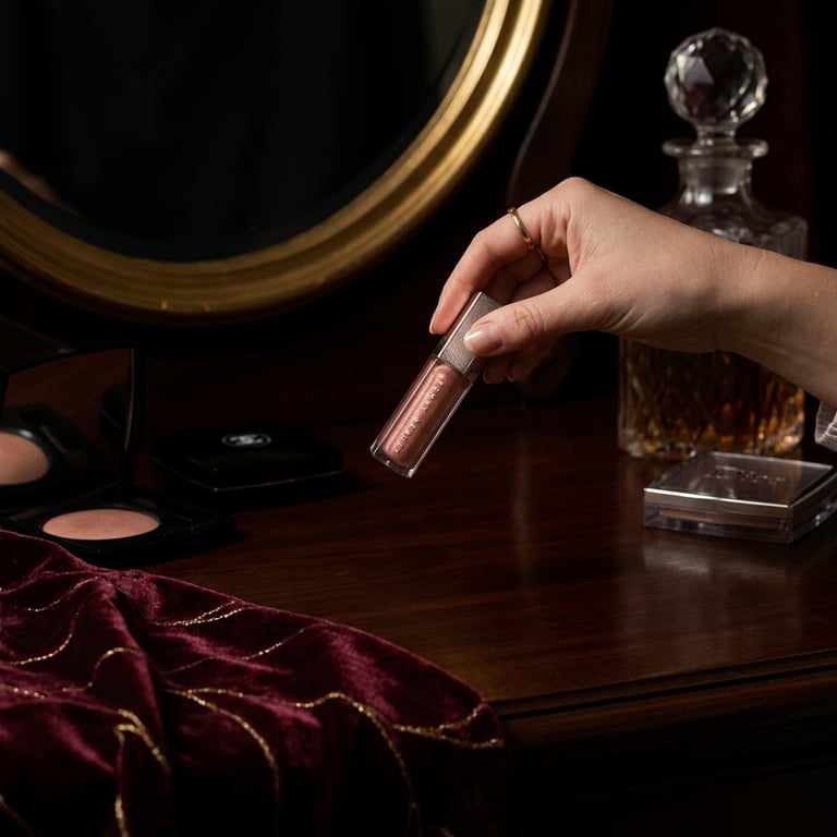 Refine the lipstick image into a dramatic studio shot with sophisticated lighting, deep shadows, and a luxurious vanity background, highlighting the product's form and intricate textures.