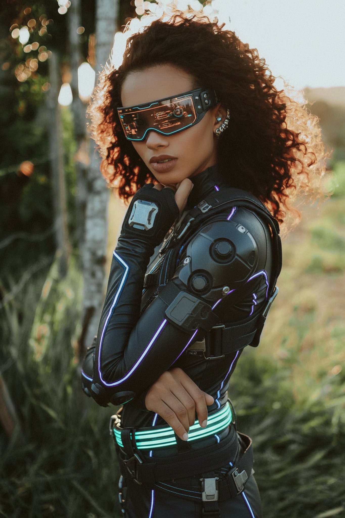 Woman in armored cyberpunk suit with glowing neon lines and futuristic visor posing outdoors under warm sunset light.