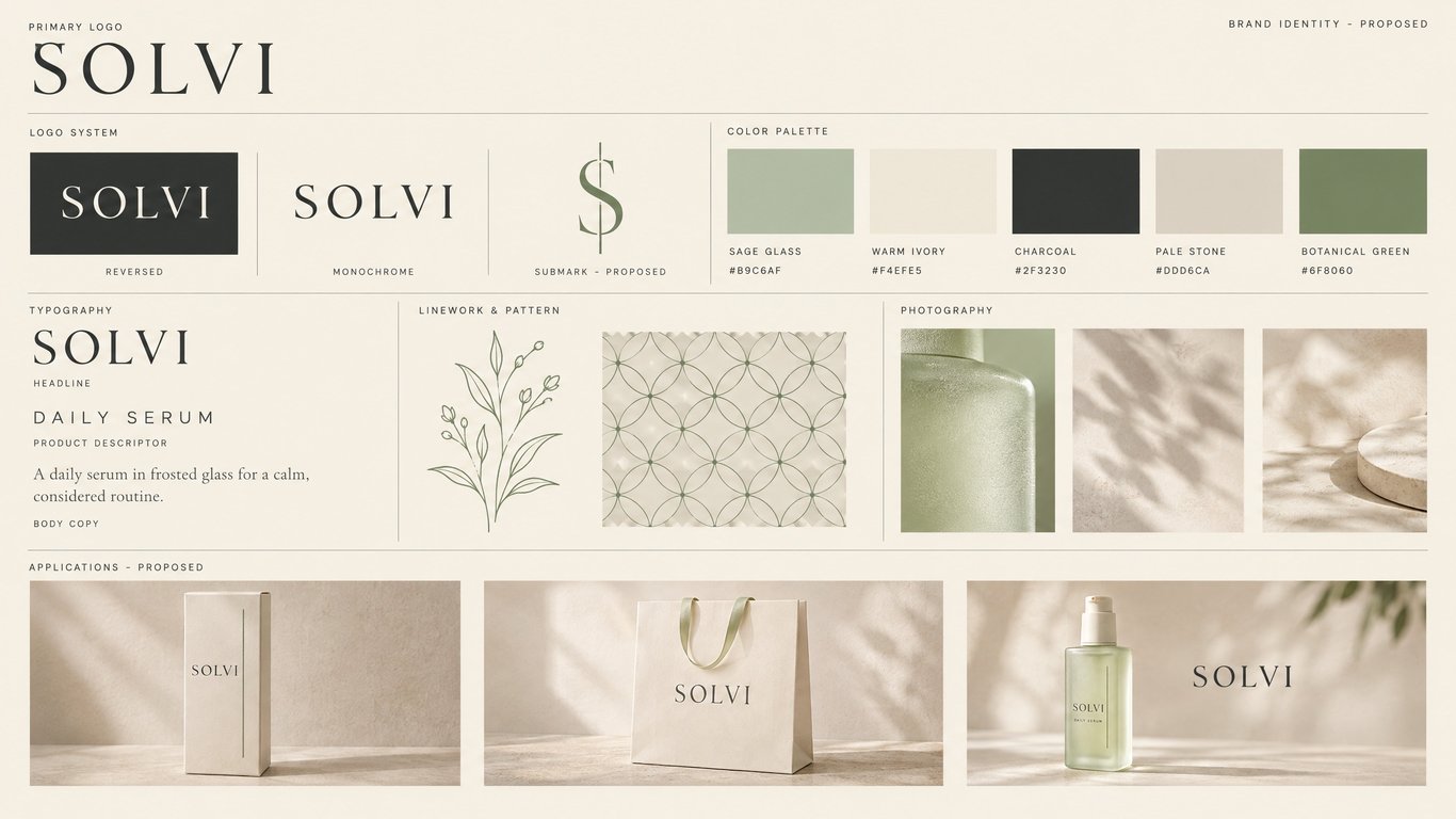 gallery item - 1 - Create a minimalist brand kit for SOLVI with sage tones and botanical details.