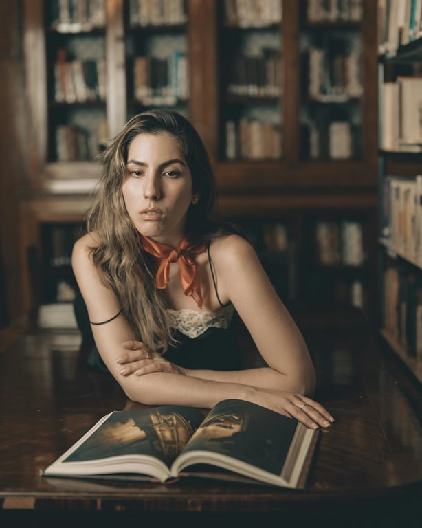 AI big eyes filter before photo - woman sitting at the desk