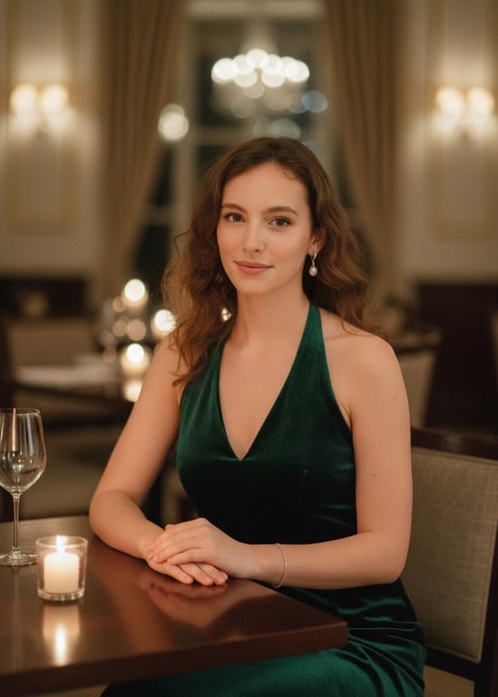 a portrait of a person in a slightly more dressed-up setting, like a nice dinner, with soft lighting and a sophisticated smile