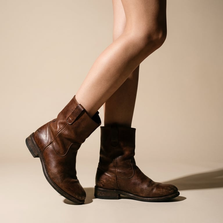 Place the boots on a beautiful female model’s foot. Capture a leg+sneaker shot with balanced proportions against a clean, light beige studio background. Employ high-fashion studio lighting with dramatic, directional light and deep shadows to create a dramatic, artistic effect.