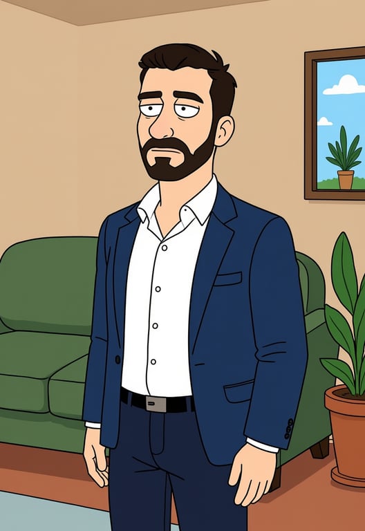 an original character in family guy style, exaggerated features (large head, tiny body), simple clothing design, standing in a living room setting.