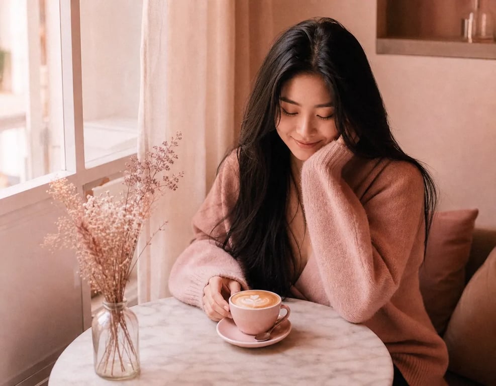 A young Asian woman with long black hair in an oversized blush pink cardigan, sitting alone at a marble café table by a sheer curtain window, gently smiling as she looks down at her latte art, with a glass vase of dried pink flowers beside her. The entire scene glows in warm peachy-rose tones.