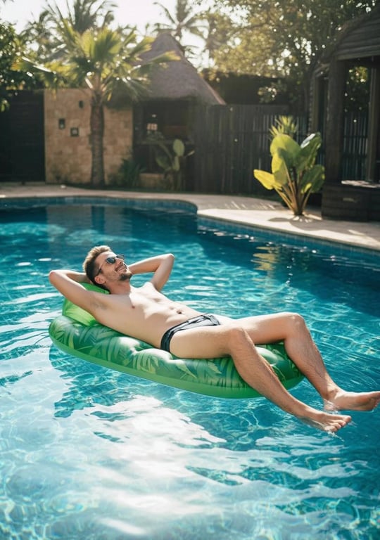 a portrait of a man in a striped one-piece swimsuit, relaxing on a pool float with summer ambiance