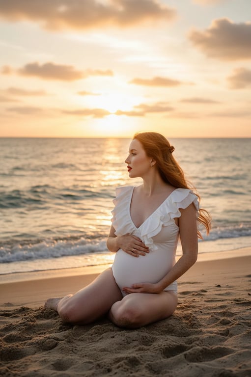 a portrait of a pregnant woman in a ruffled maternity swimsuit, sitting on a sandy shore with a sunset glow