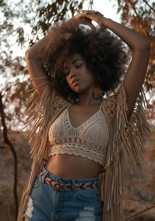 Festival Outfits filter after transformation - portrait in a boho festival outfit with warm outdoor festival ambience