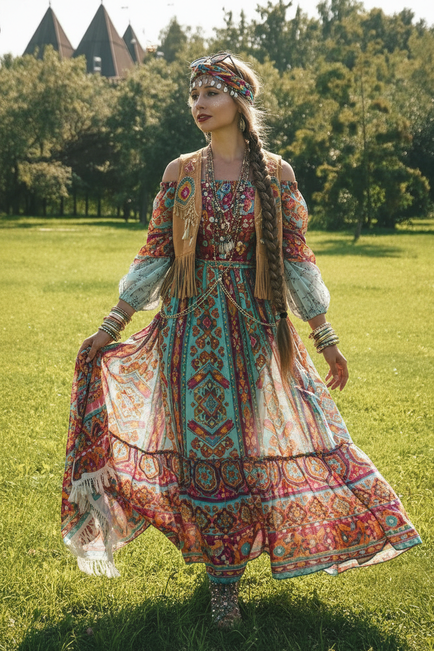 AI music festival outfits filter after transformation - portrait wearing vibrant festival outfit