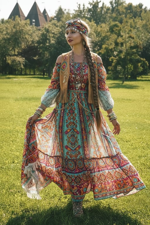 AI music festival outfits filter after transformation - portrait wearing vibrant festival outfit