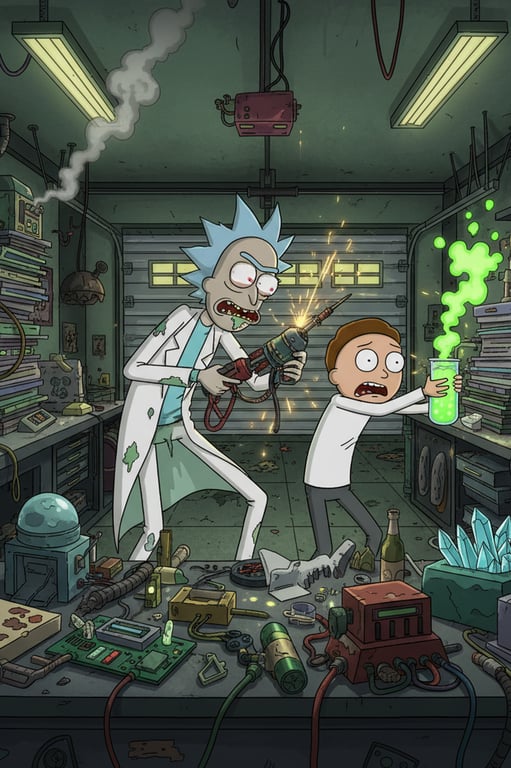 Rick's garage lab interior in the show's style, but focused on a scene where Rick is drunkenly working on a portal gun while a confused Morty tries to hold a bubbling green liquid beaker, cluttered with weird gadgets.