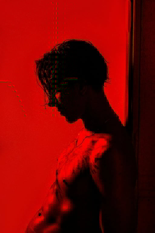 AI remove color from image before photo - person silhouette with vivid red background