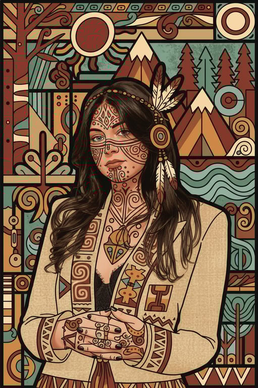 a portrait of a person recreated in a contemporary Native American illustration style combining traditional symbolism with modern graphic clarity