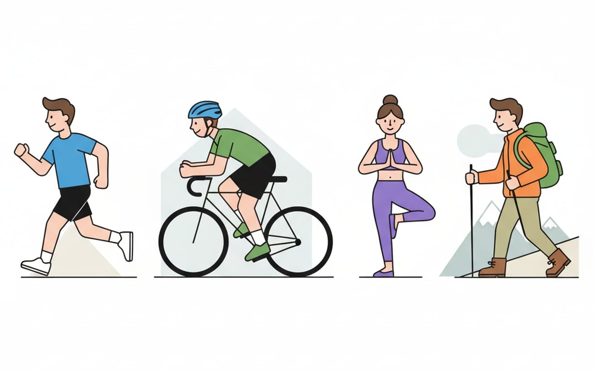 Generate active lifestyle characters. Produce clipart of people engaged in various sports, hobbies, and physical activities. a collection of active people clipart: a person running, another cycling, one practicing yoga, and one hiking, each in dynamic poses with simple athletic attire.