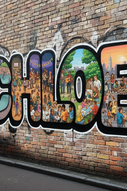 A graffiti-style tag of a name, where the letters are filled with miniature scenes of people (skating, talking, playing music) relevant to the name's owner.