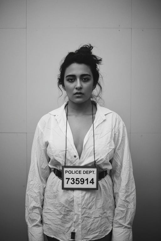 AI mugshot filter after transformation - full body photo styled in mugshot layout