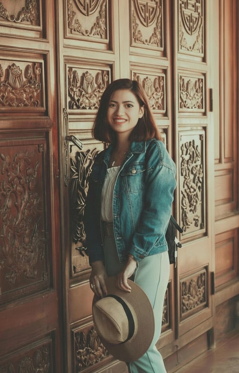 AI big eyes filter after photo - woman wearing blue jacket after big eyes filter