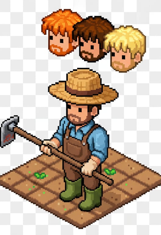 a pixel art farmer avatar, multiple outfit layers, different hair color choices, holding a tool, iso perspective similar to game sprite.