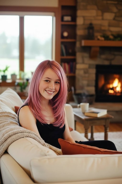 hair color filter after transformation - portrait with pink balayage hair and gentle gradient tones