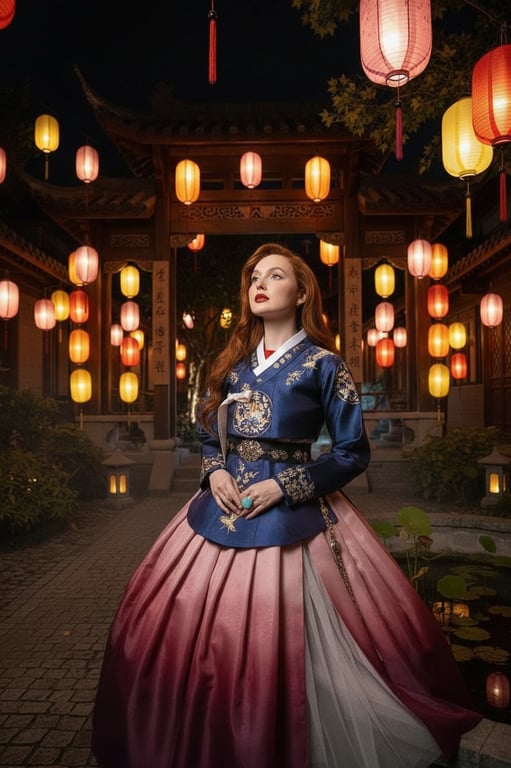 a portrait of a woman transformed into a elegant hanbok-inspired modern K-pop outfit, in a traditional courtyard with paper lanterns