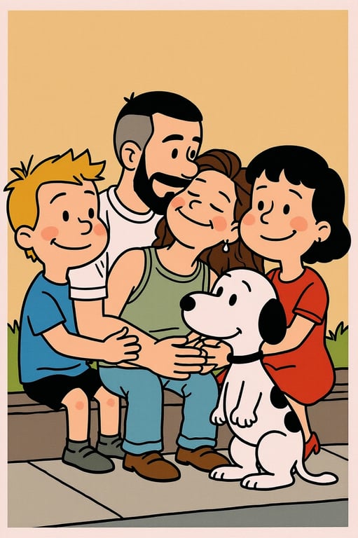 A family photo transformed into a Peanuts gang scene, with each member styled as a different character (Lucy, Linus, etc.), sitting on a cartoon curb.