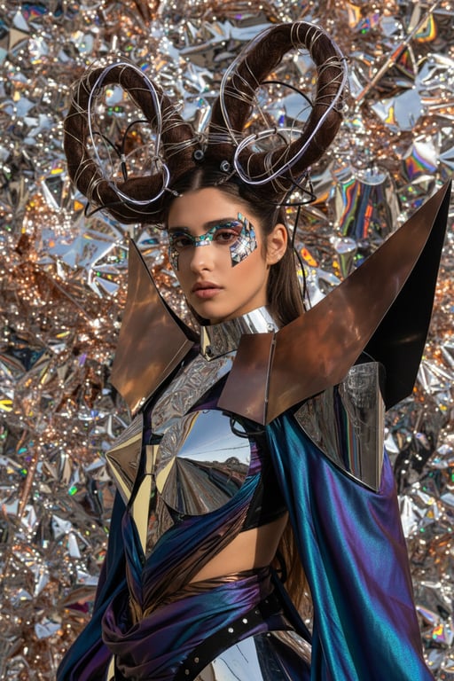 Futuristic metallic armor outfit with large horned headpiece and reflective geometric backdrop.