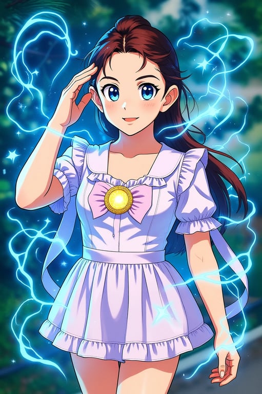 a portrait of a person reimagined as a magical girl during transformation, featuring a clean magical outfit with fitted bodice, short skirt, glowing brooch, flowing ribbons, magical energy rings, and expressive anime aesthetics