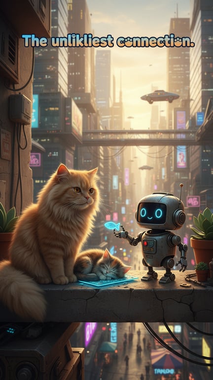 A funny and heartwarming scene of a robot and a stray cat forming an unlikely family in a futuristic city, with the tagline "The unlikeliest connection." in playful font.