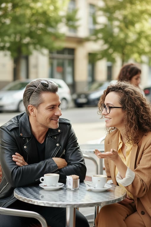 a portrait of a woman casually chatting with a celebrity singer, natural outdoor lighting, street cafe setting, relaxed expressions.