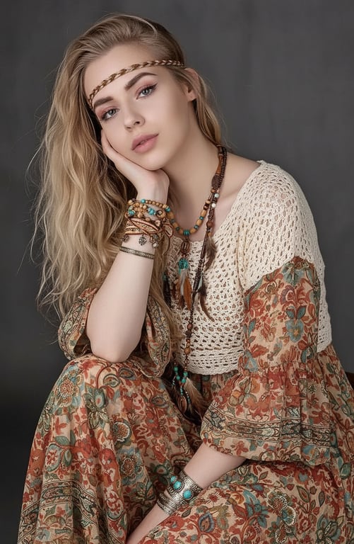 AI music festival outfits filter after transformation - studio photo enhanced with layered festival outfit