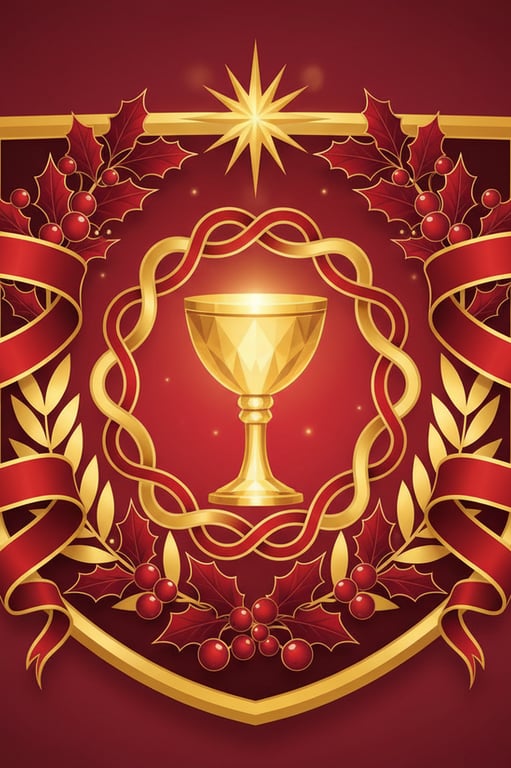 Create an elegant, festive crest that captures the celebratory glow and rich red/gold tones of the holiday dinner photo. Use a chalice or intertwined ring motif at the center, surrounded by holly or laurel.