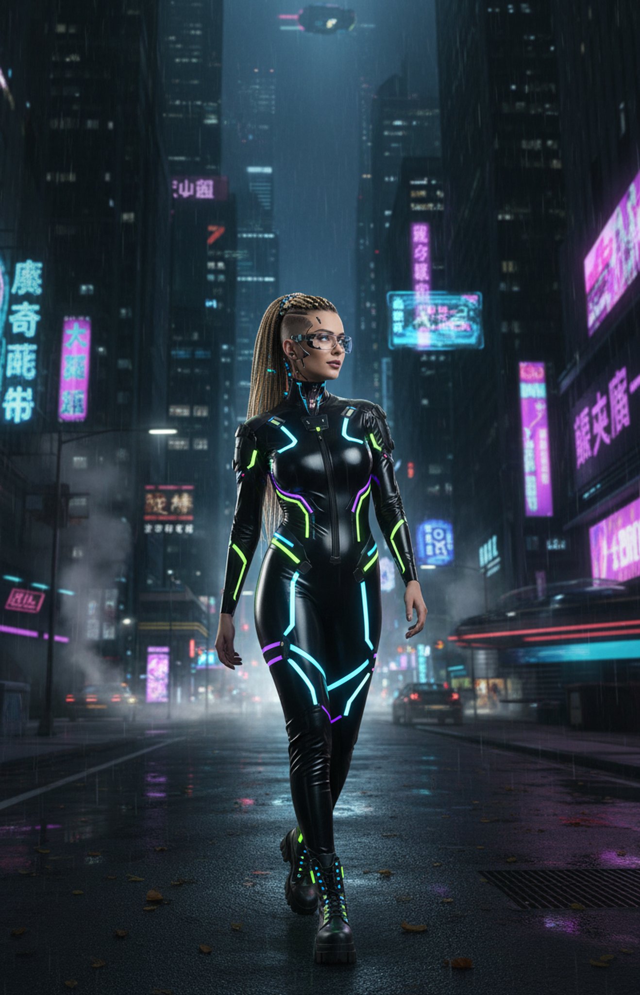Rainy neon avenue showcasing a sleek black bodysuit traced with multicolored glowing lines.