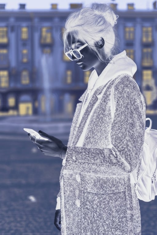 AI negative image filter after transformation - casual portrait recreated as negative photo art