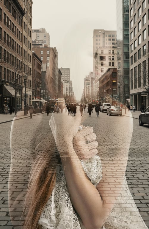 A photo of a hand holding an old photograph, where the scene from the photograph (a historical street) blends into the modern background behind the hand.