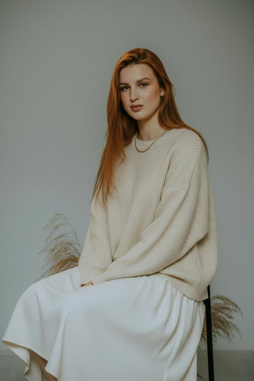 a portrait of a person wearing a Korean-inspired layered outfit with oversized knit top, fluid midi skirt, soft drape, controlled volume, neutral tones, natural posture, clean indoor lighting
