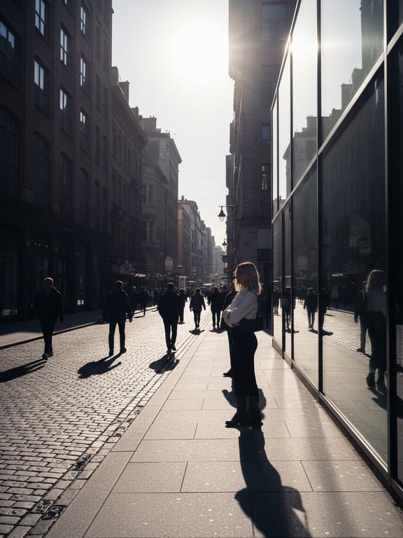 An urban street scene where a bright sun is added to create strong, dramatic shadows from buildings and people, increasing contrast and depth.